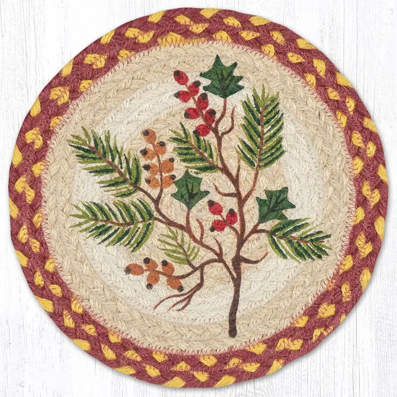 10-Inch Berries & Evergreen Holly Jute Trivet – Natural Fiber Coaster 1