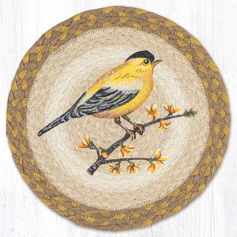 10-Inch Round Jute Trivet Featuring A Golfinch Design 1