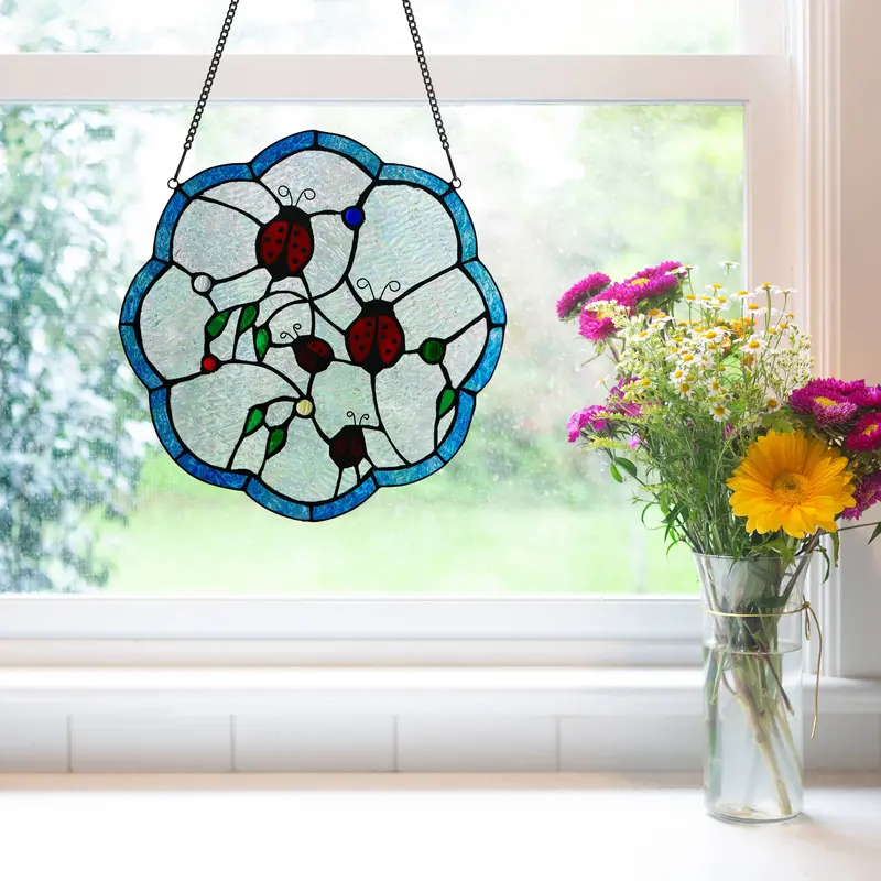 12-Inch Round Stained Glass Ladybug Window Panel 1