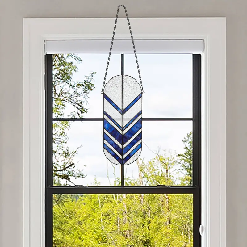 14-Inch Darby Stained Glass Window Panel With Clear & Blue Arrow Motif 1