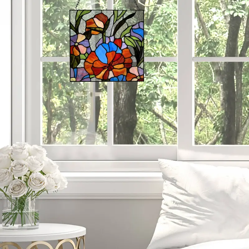 14-Inch Tall Red Flower Stained Glass Window Panel 1
