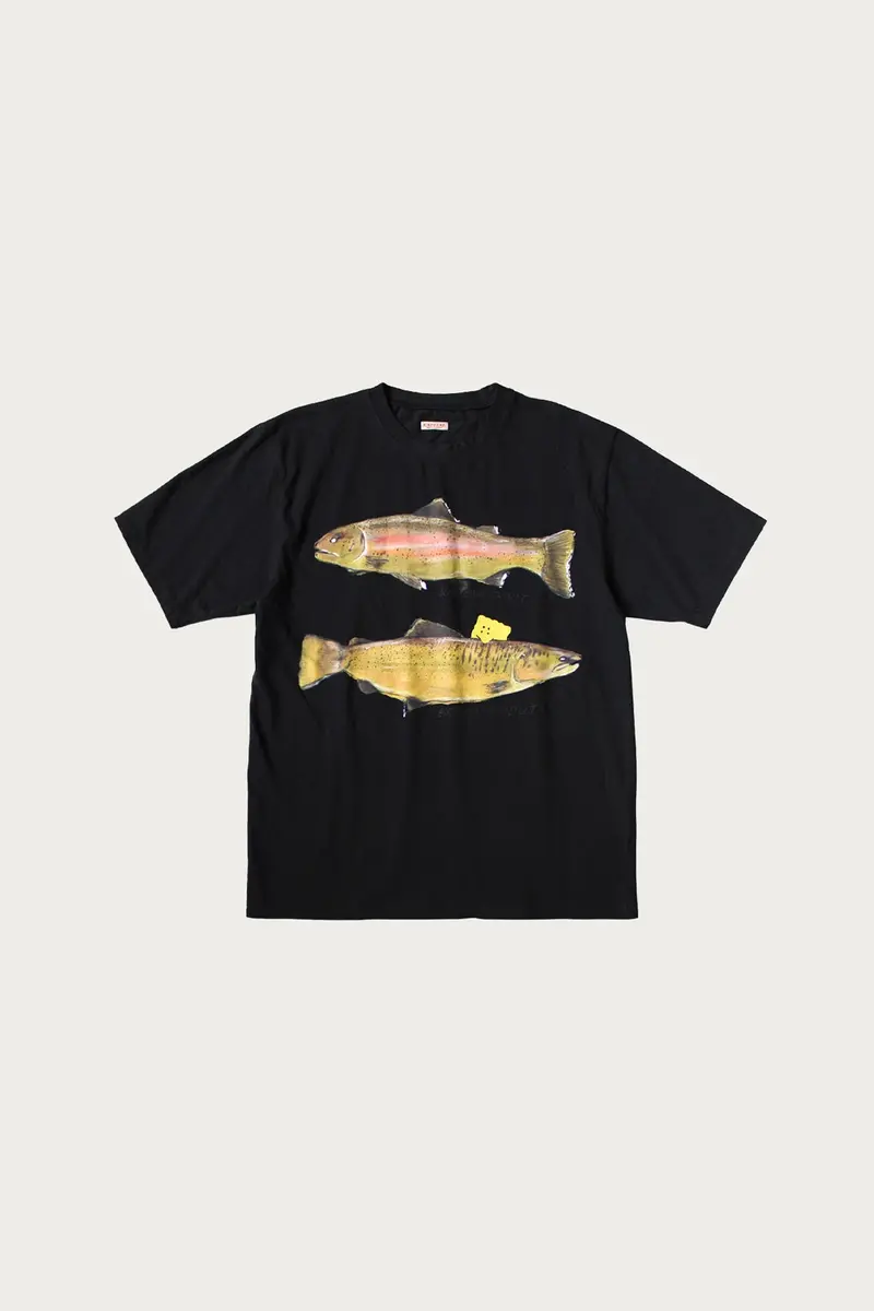 20/- Jersey Crew Tee: Two Trouts Peckish Rainbowy Design – Black 1