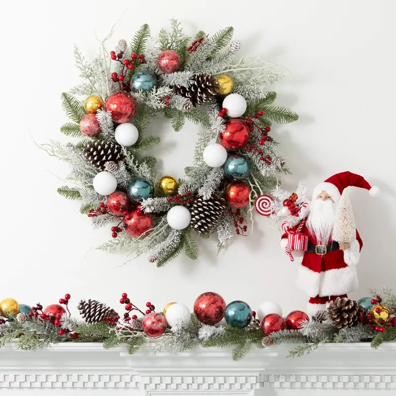 24-Inch Mixed Pine And Ornamental Ball Wreath 1