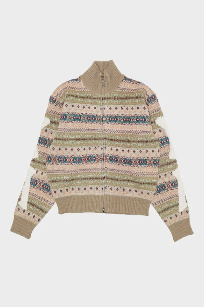 7-Gauge Wool Fair Isle Short Cardigan With Bone Zip In Orange 1