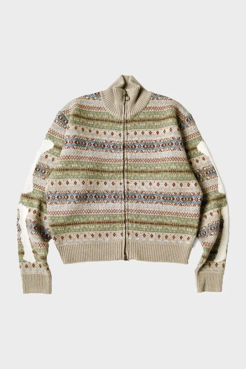 7-Gauge Wool Fair Isle Short Cardigan With Bone Zip In Sax 1