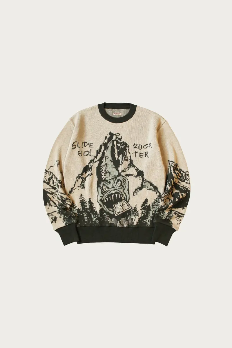 8G Jacquard Knit Vintage Crew Sweater – Slide Rock Bolter Motif In Khaki 1