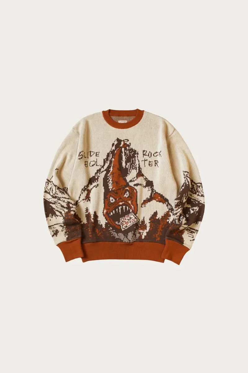 8G Jacquard Knit Vintage Crew Sweater – Slide Rock Bolter Motif In Orange 1