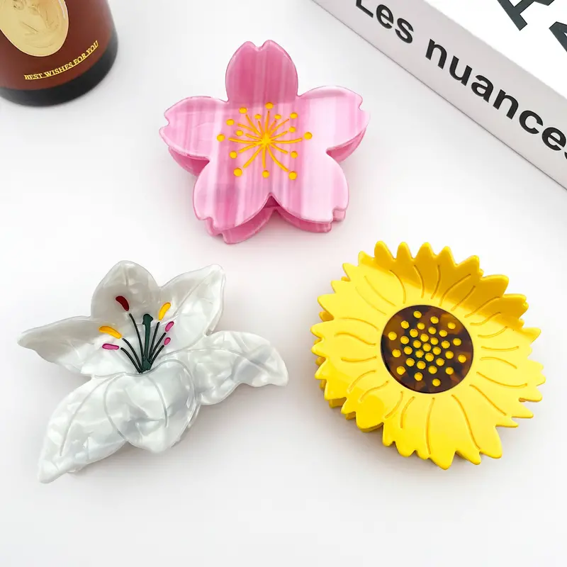 Acetate Floral Hair Clips: Sakura, Lily, And Daisy Variants 1