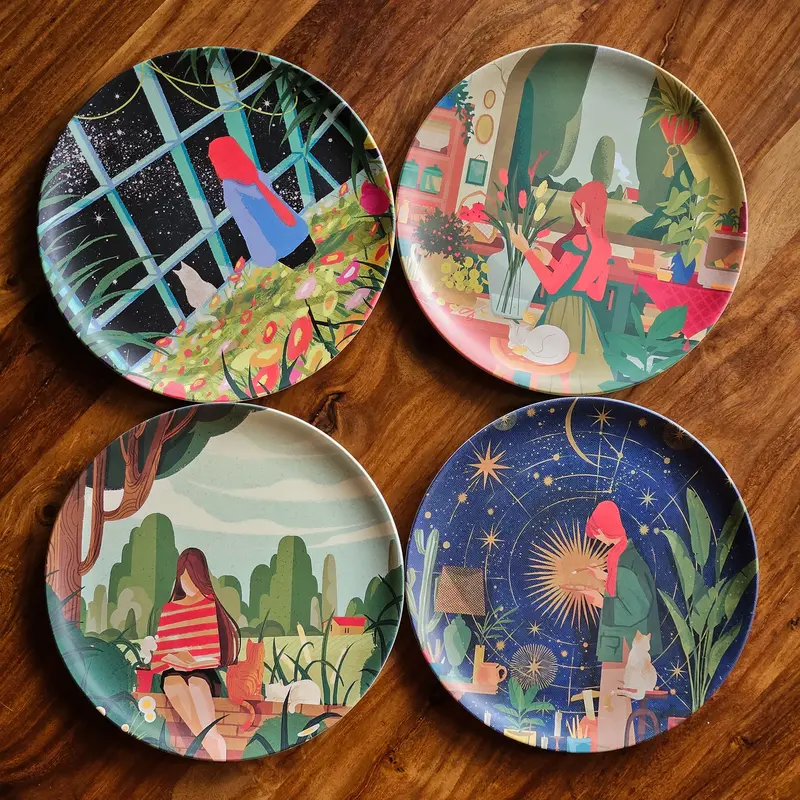 Artsy Girls & Their Cats Set Of 8" Bamboo Serving Plates 1