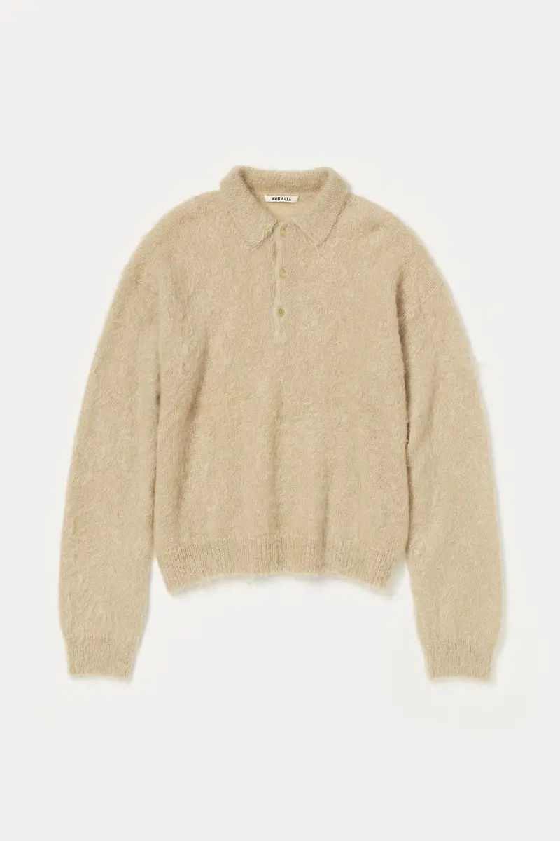 Beige Brushed Super Kid Mohair Knit Polo Shirt 1