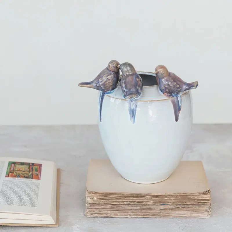 Bird-Adorned Stoneware Planter Or Vase With Three Perched Figures 1