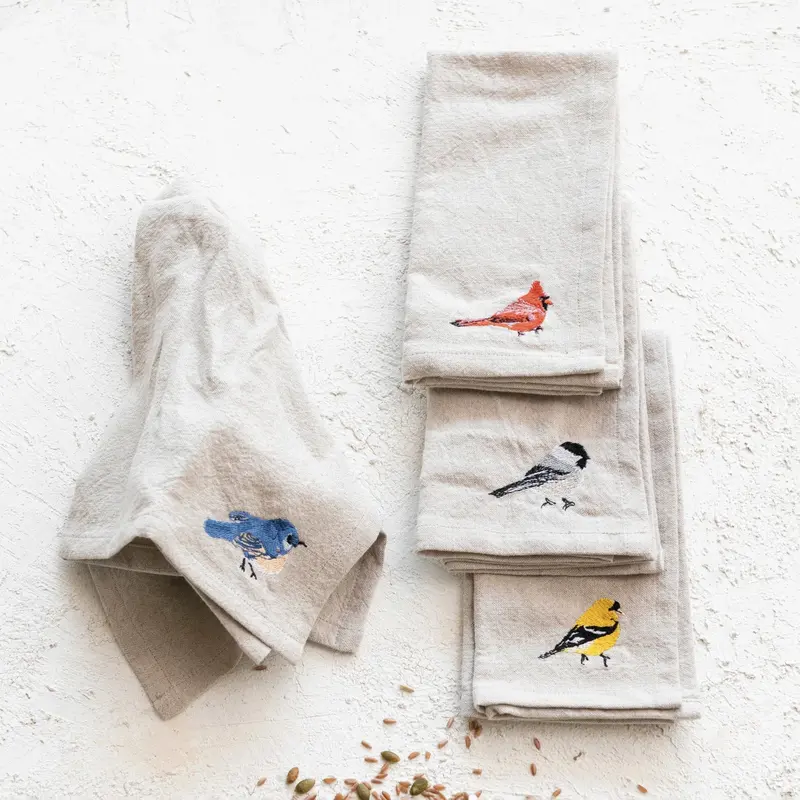 Bird-Embellished Linen Napkin Set 1