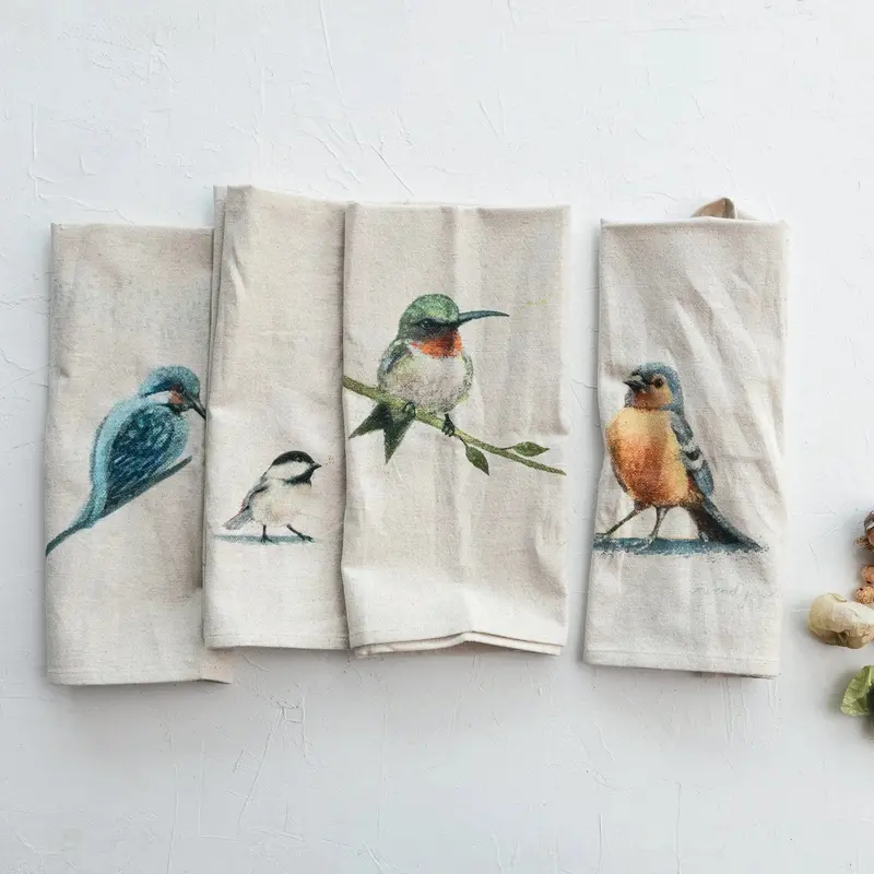 Bird-Print Cotton And Linen Tea Towel Set – Four Designs 1
