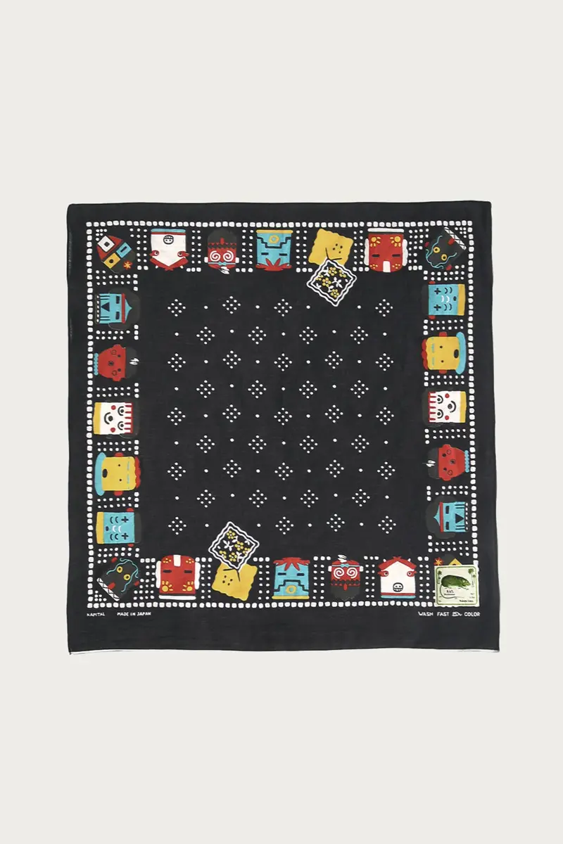 Black Fastcolor Selvedge Bandanna Featuring Kachina And Peckish Rainbowy Motifs 1