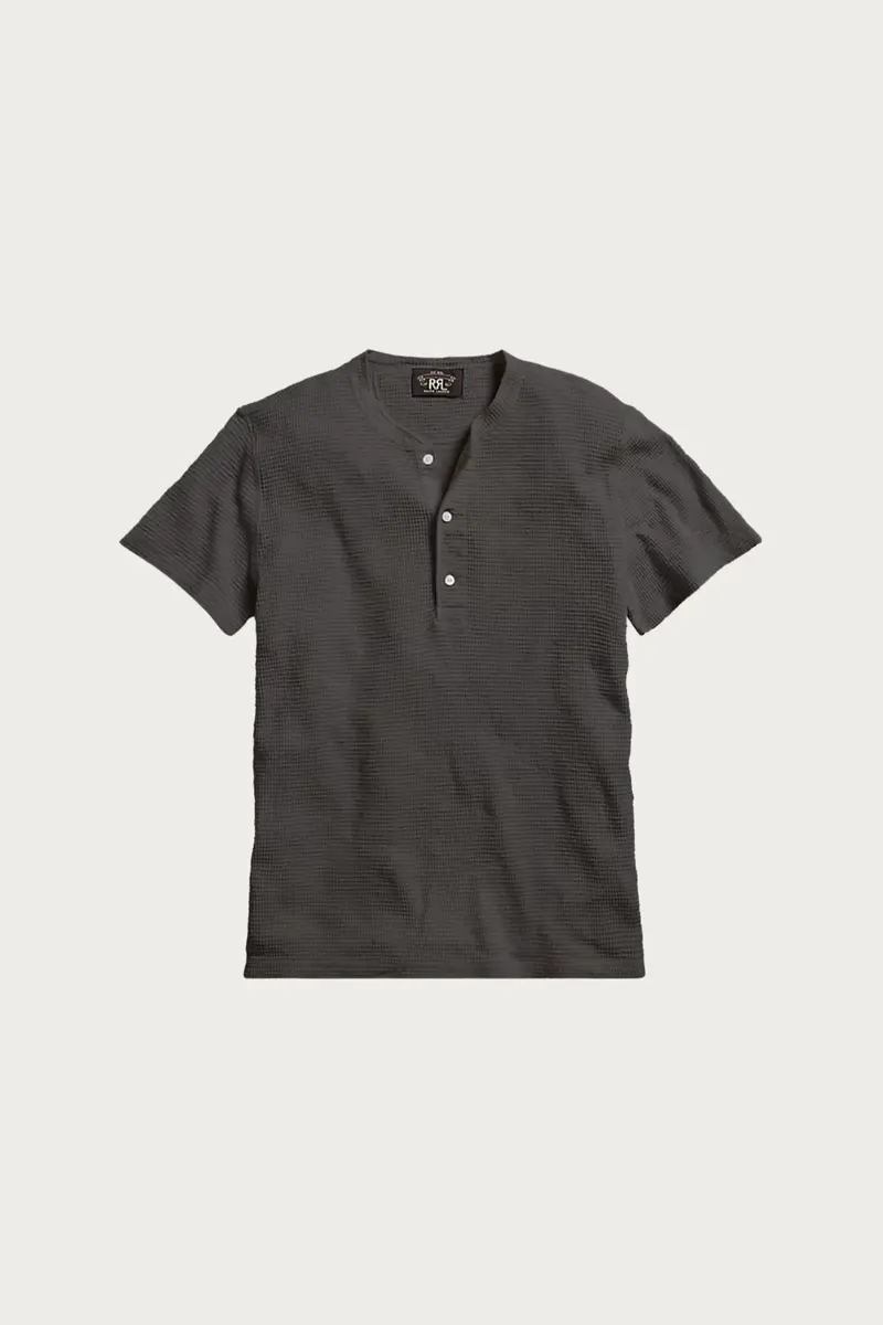 Black Waffle-Knit Short-Sleeve Henley Shirt 1