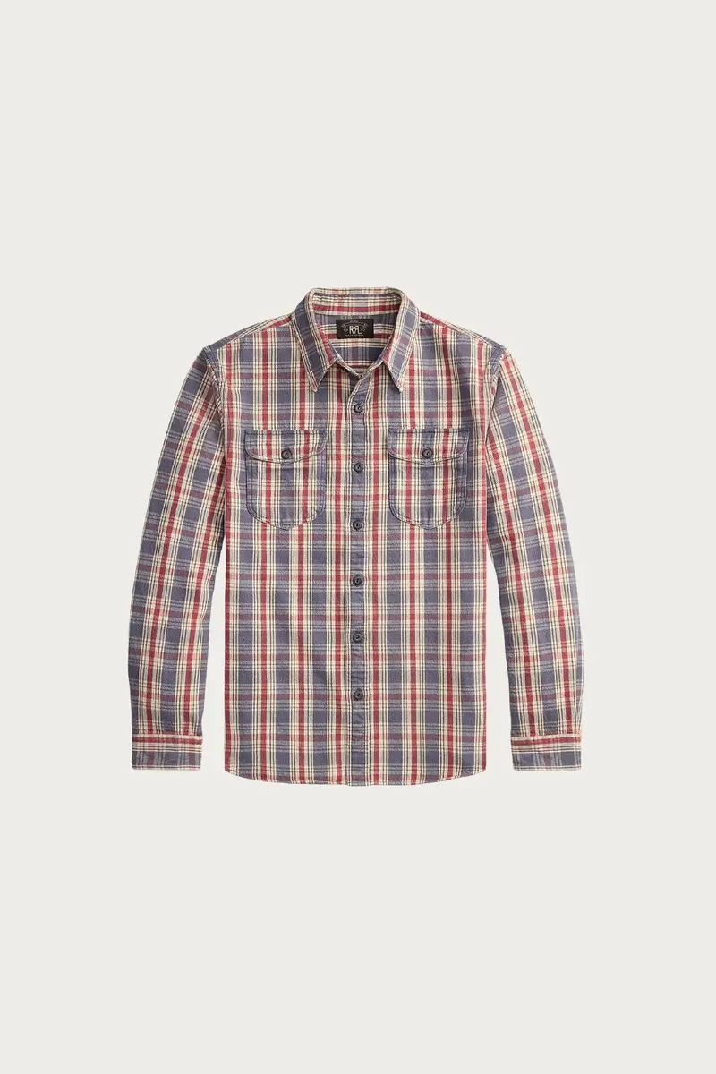Blue-Cream-Red Plaid Twill Workshirt 1