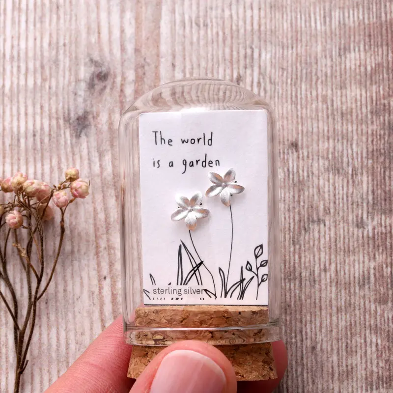 Botanical-Inspired Brushed Silver Flower Earrings – 'The World Is A Garden' 1