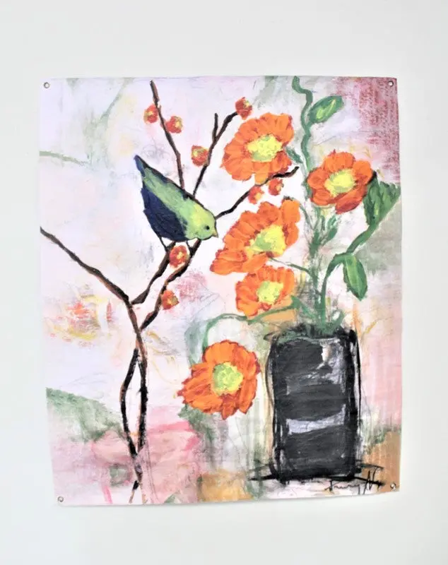 Botanical Paper Art: Orange Blossoms With Perched Bird 1