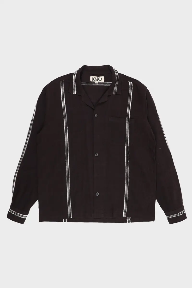 Brown-And-White Jacquard-Woven Long-Sleeve Camp Shirt 1