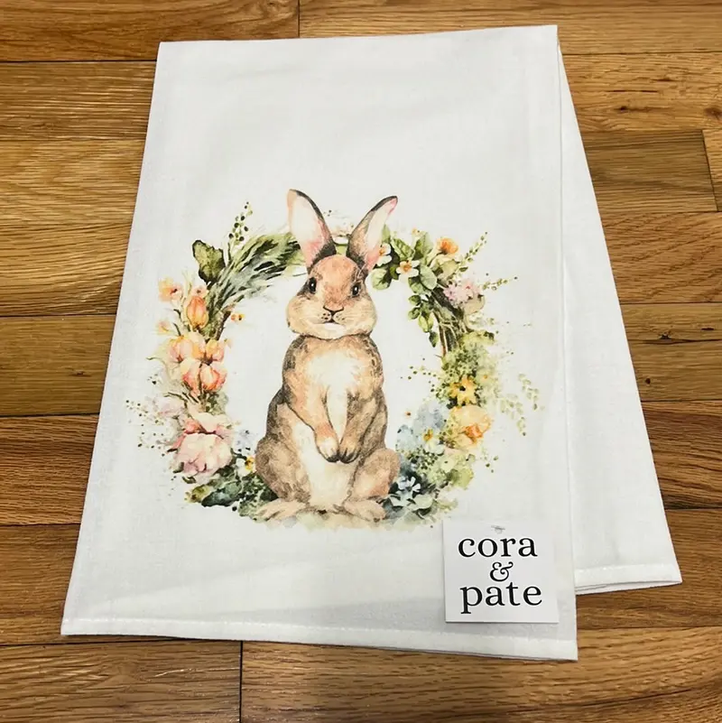 Brown Bunny In Wreath Flour Sack Kitchen Towel 1
