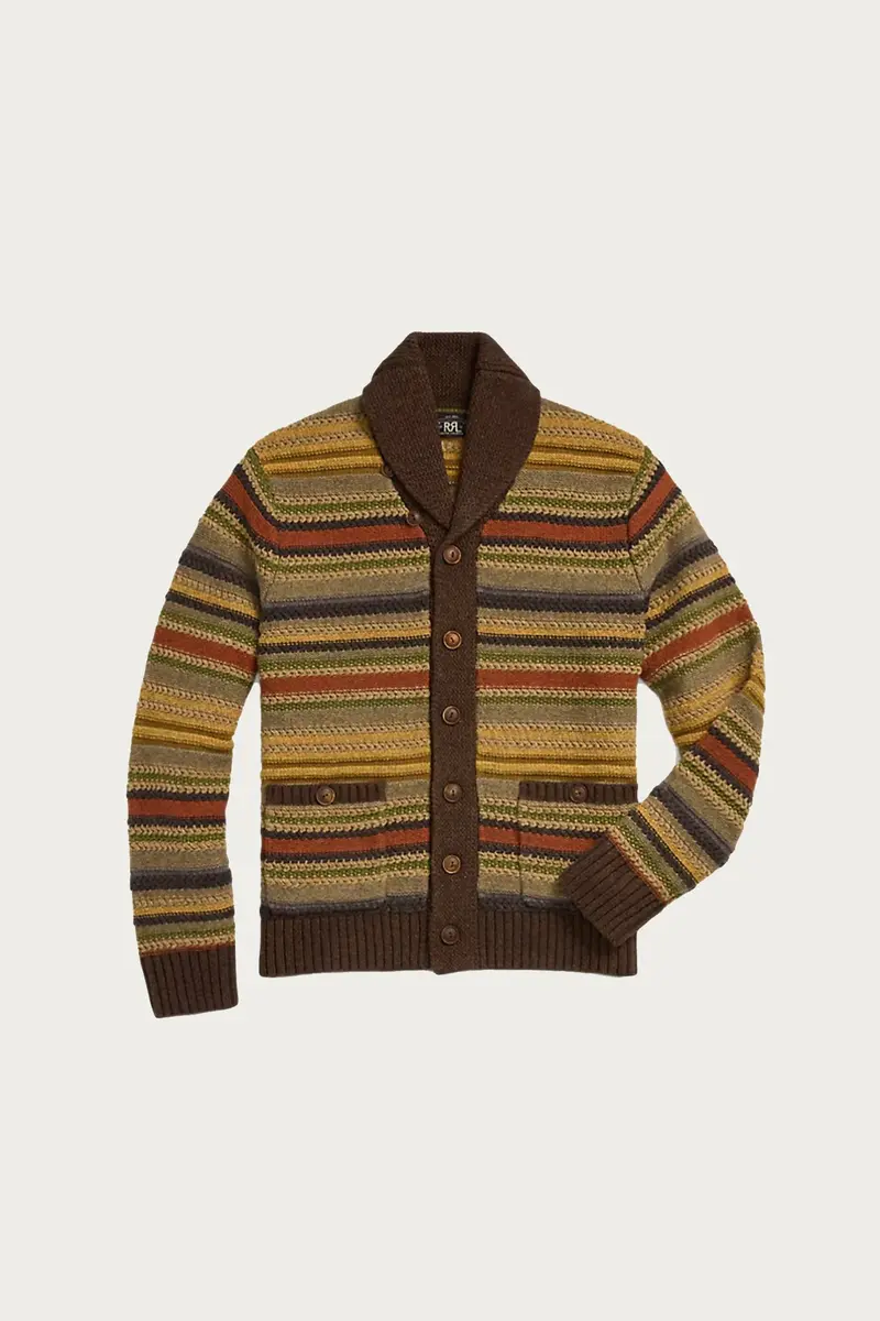 Brown Multi Striped Wool Shawl-Collar Cardigan 1