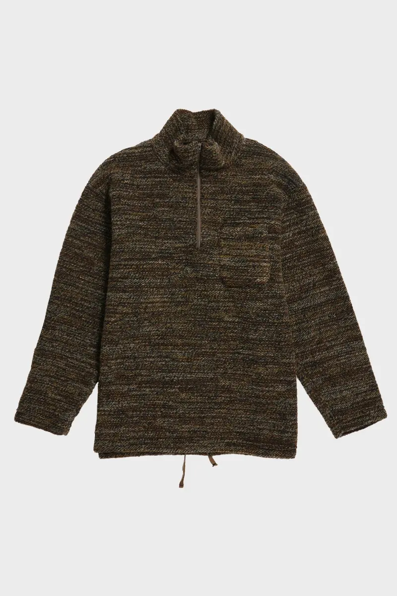 Brown Poly-Wool Melange Zip Mock Neck Top 1