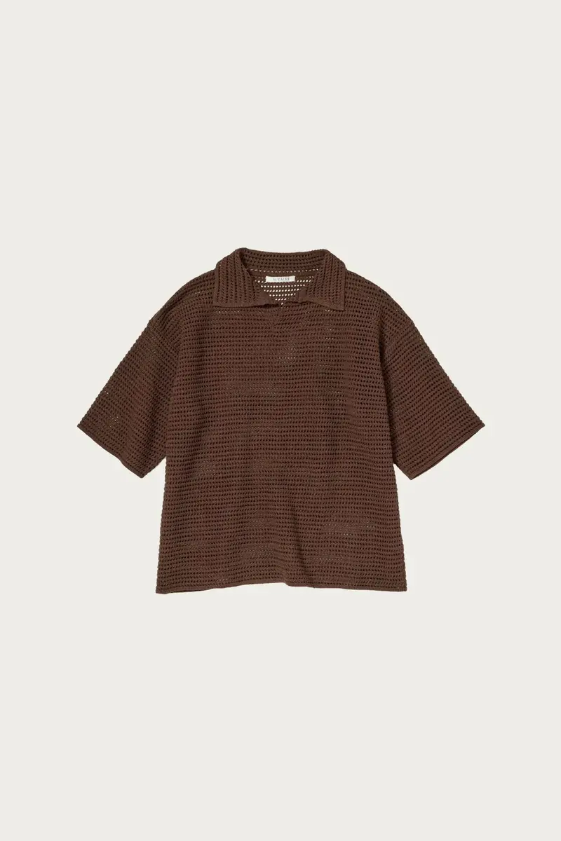 Brown Tussah Silk-Cotton Mesh Polo – Lightweight Skipper Knit 1