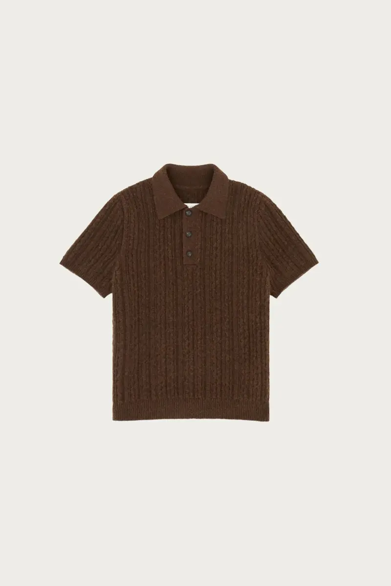 Cable-Knit Polo Shirt – Deep Brown Texture 1