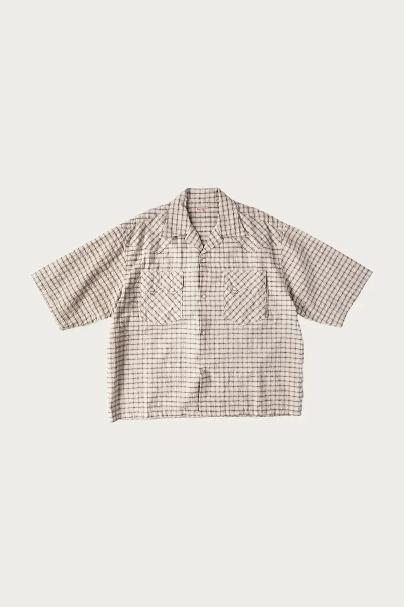 Cotton-Linen Seersucker Western Shirt – Open Collar, Black 1