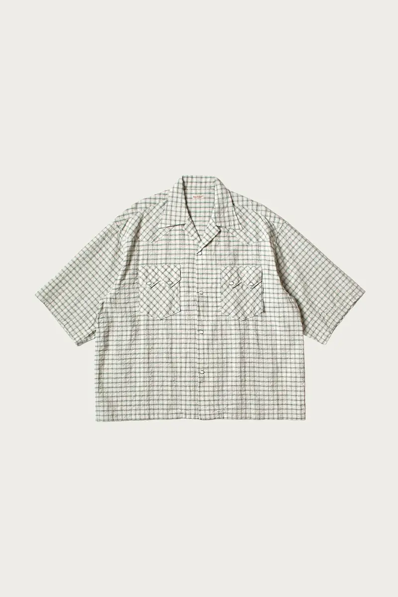 Cotton-Linen Seersucker Western Shirt – Open Collar, Green Check Pattern 1