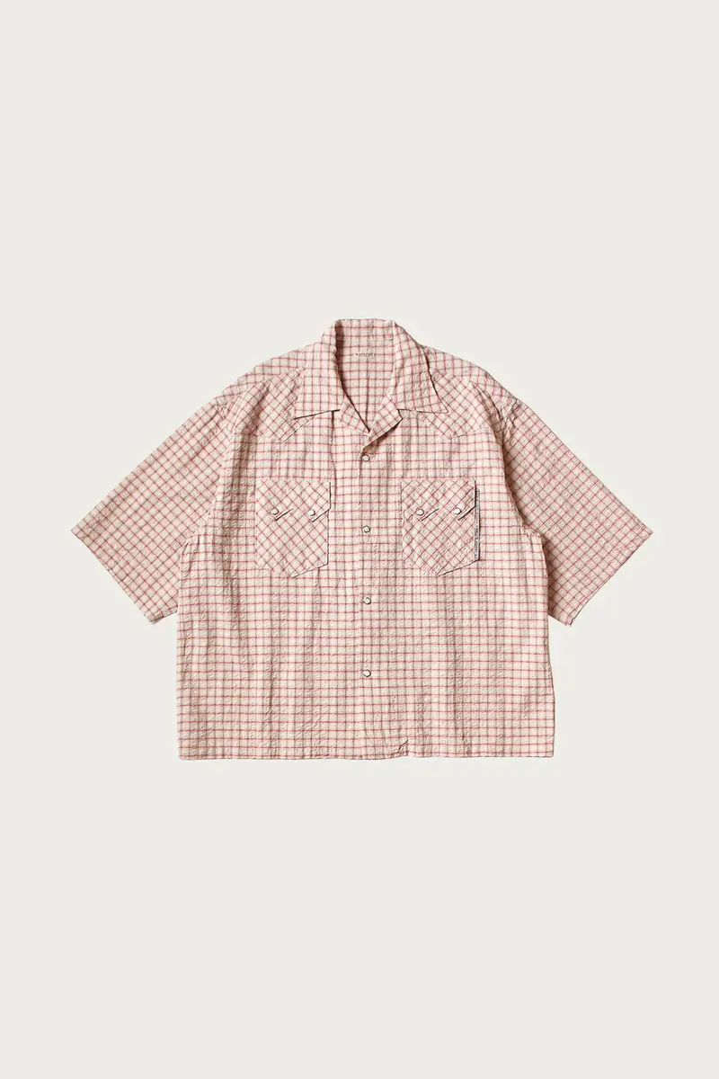 Cotton-Linen Seersucker Western Shirt – Open Collar, Red Check Pattern 1