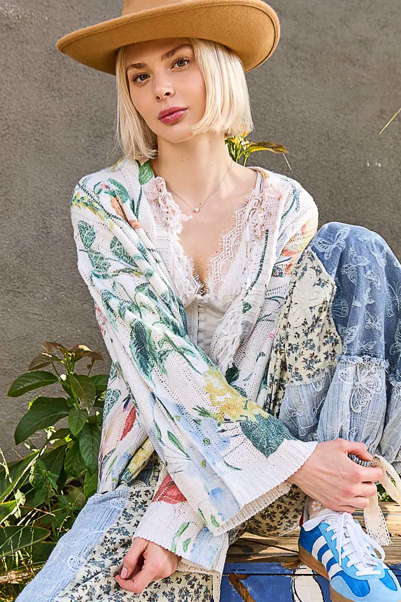 Cream-Colored Floral-Embroidered Cardigan Sweater 1
