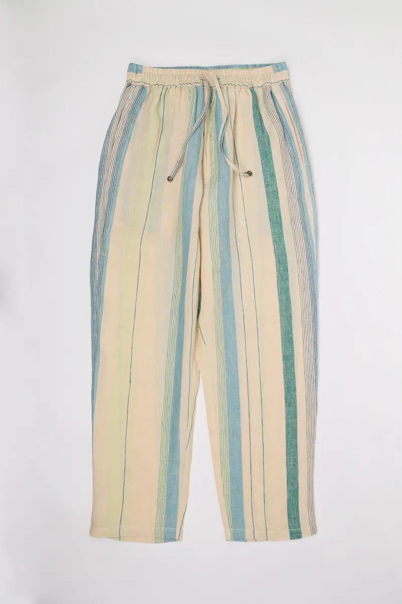 Cream Handloom Stripe Linen Pants 1