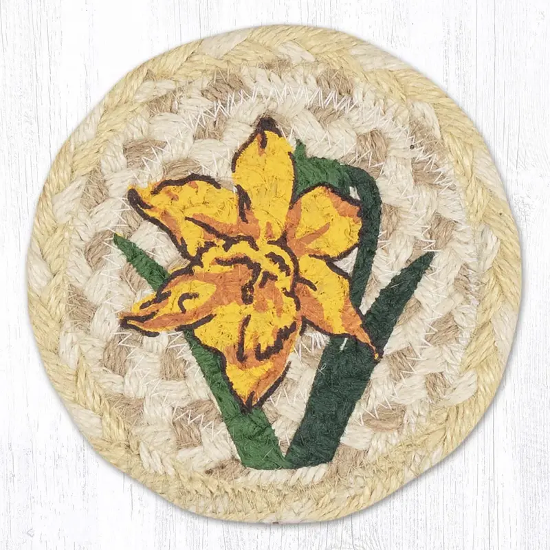 Daffodil Embroidered Jute Coaster – 5" Botanical Drink Mat 1