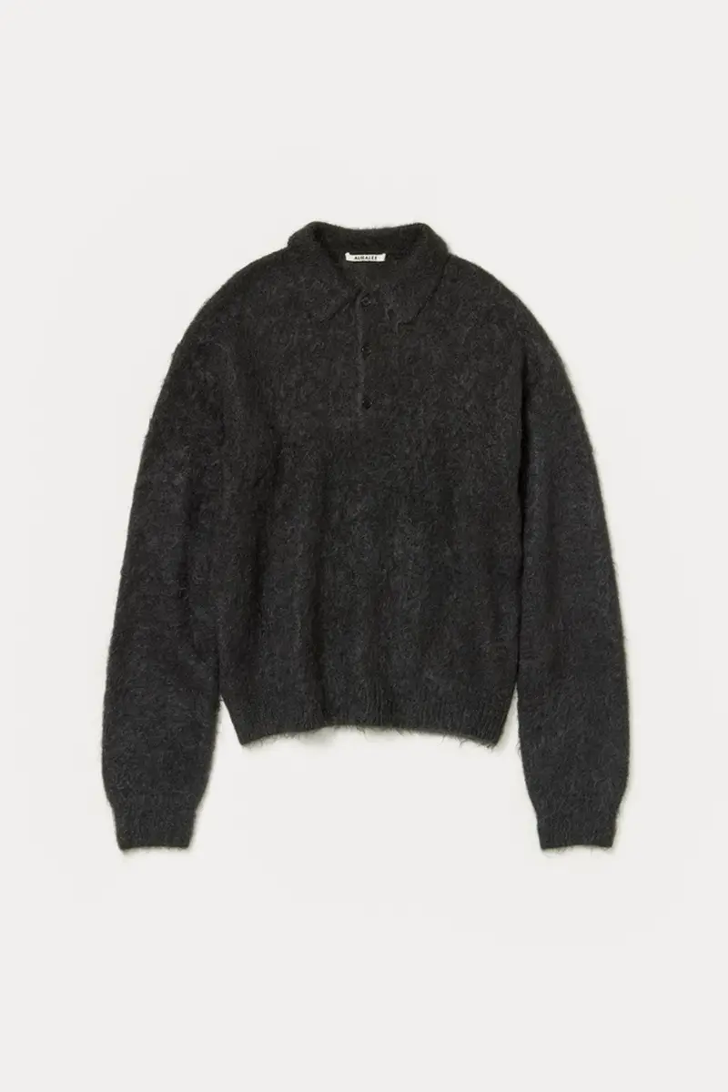 Deep Black Brushed Super Kid Mohair Knit Polo Shirt 1