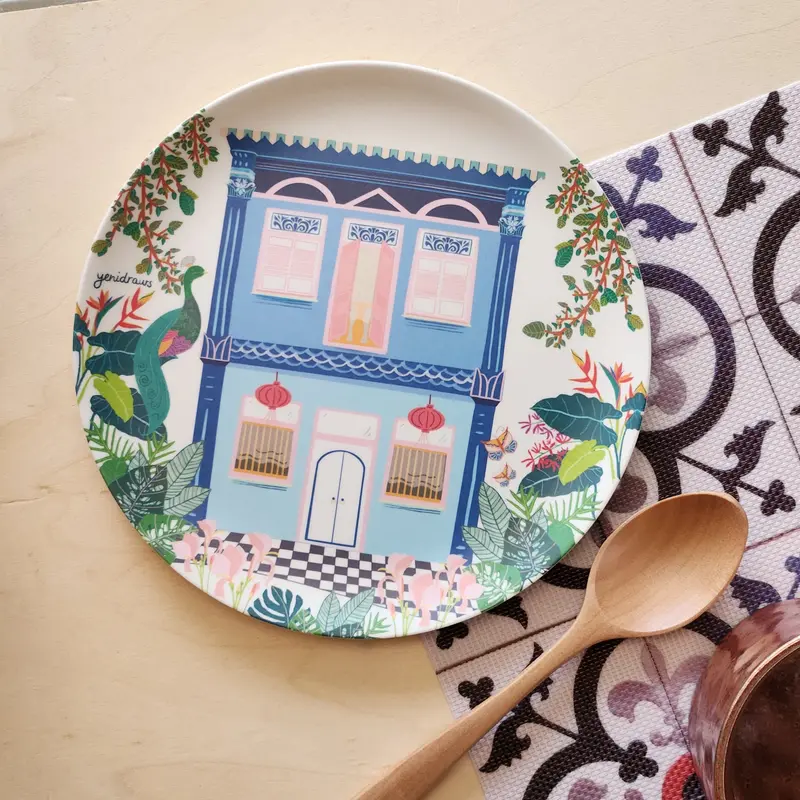 Dual Blue Shophouse Bamboo Plate Set 1