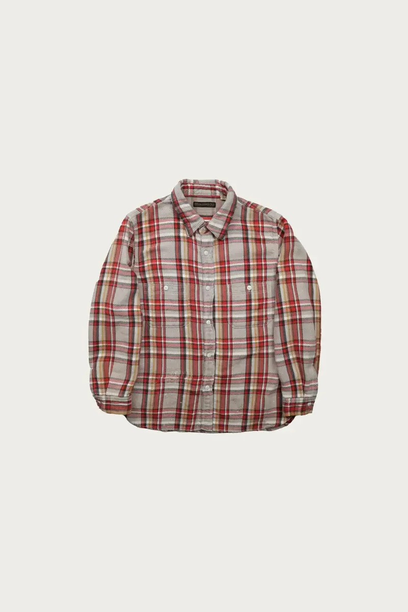Fade-And-Distress Flannel Work Shirt – Gray And Red Check (Hand Wash) 1