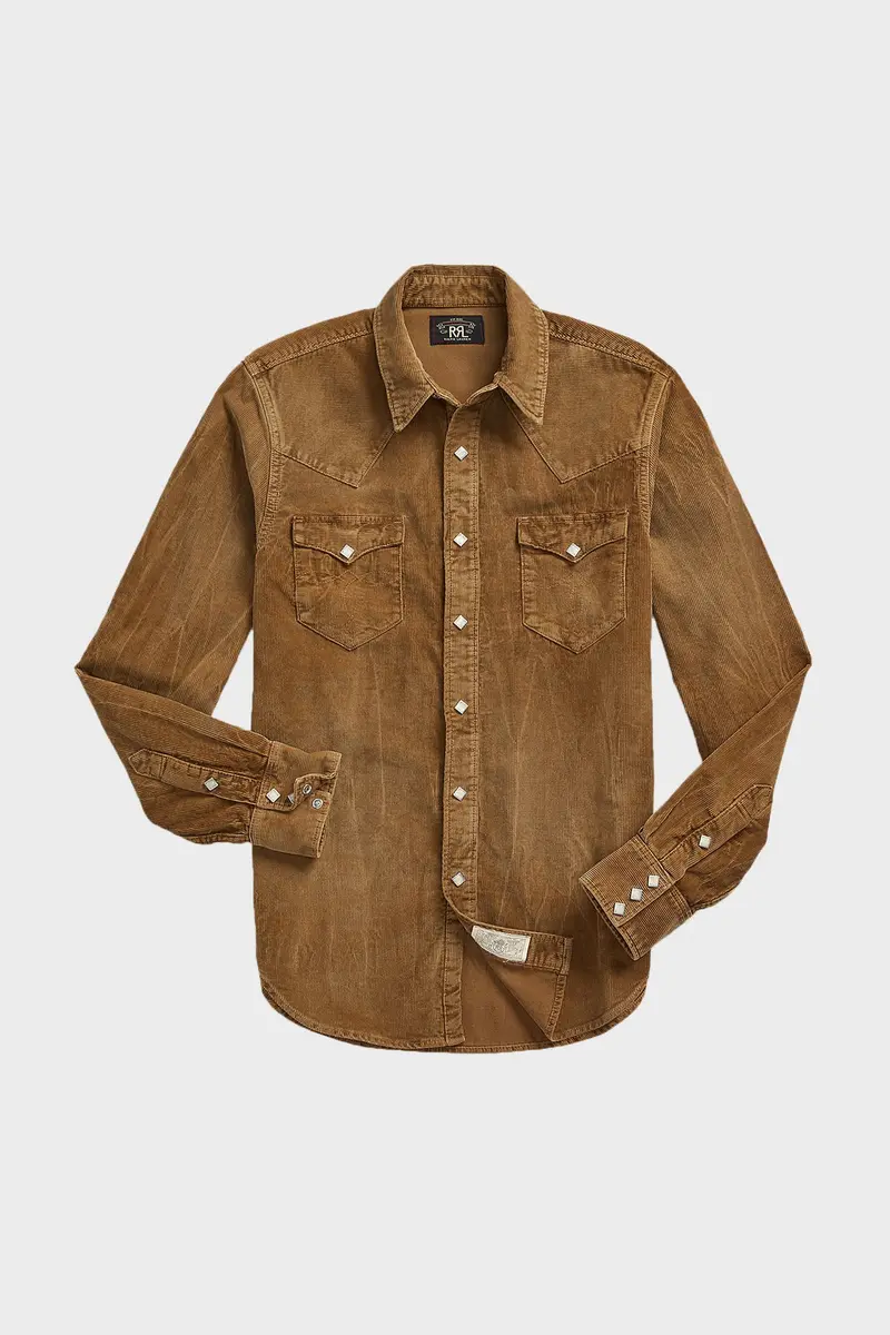 Faded Tan Slim Fit Corduroy Western Shirt 1