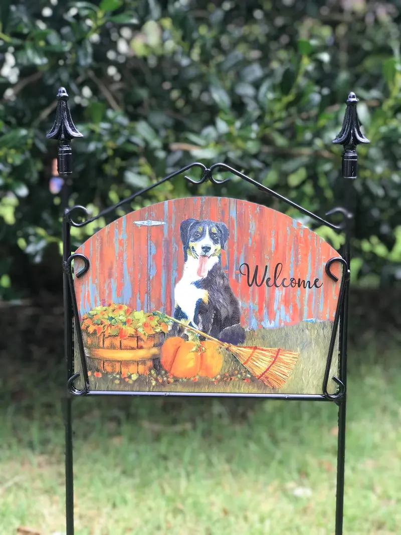Fall-Themed Dog With Broom Garden Welcome Sign 1
