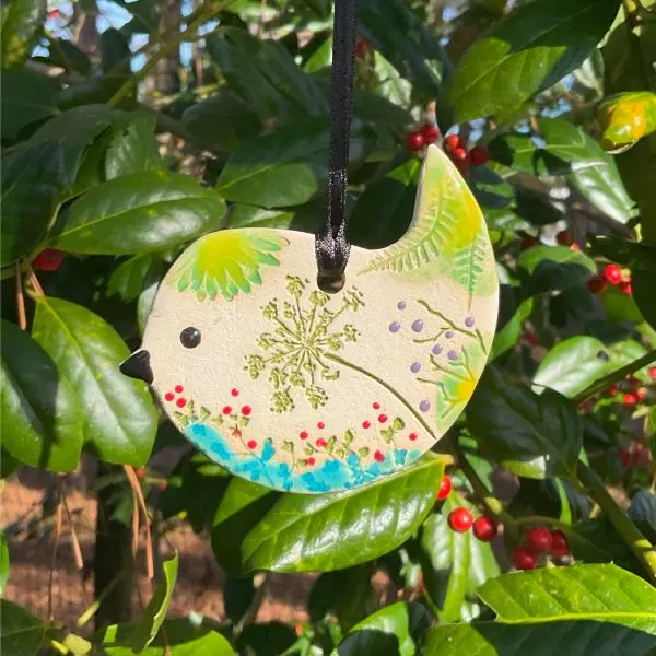 Floral Bird Motif Pressed Ceramic Ornament 1