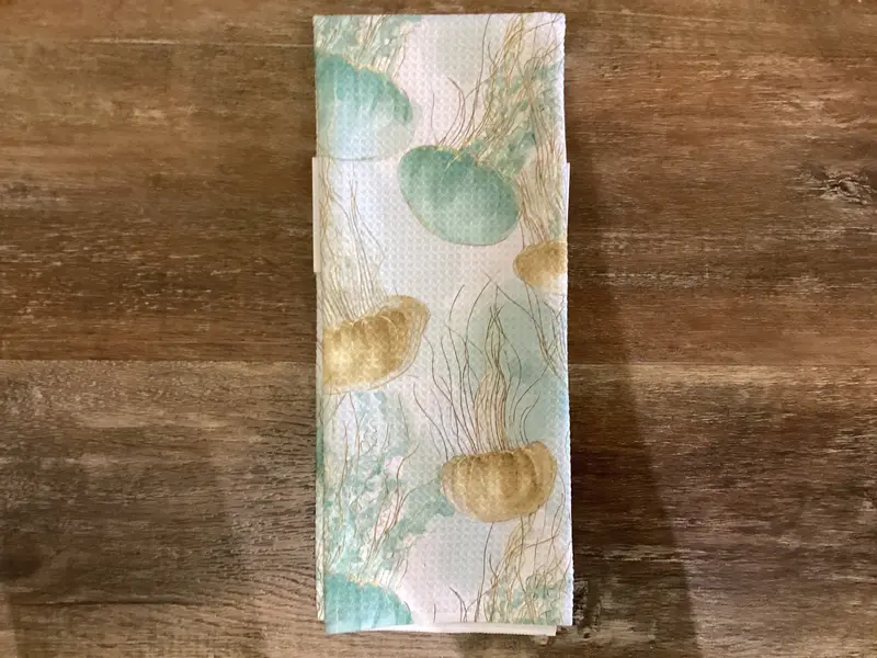 Gold And Teal Jellyfish Eco-Friendly Dishtowel 1