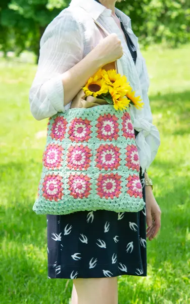 Granny Square Crochet Tote Bag With Boho Charm 1