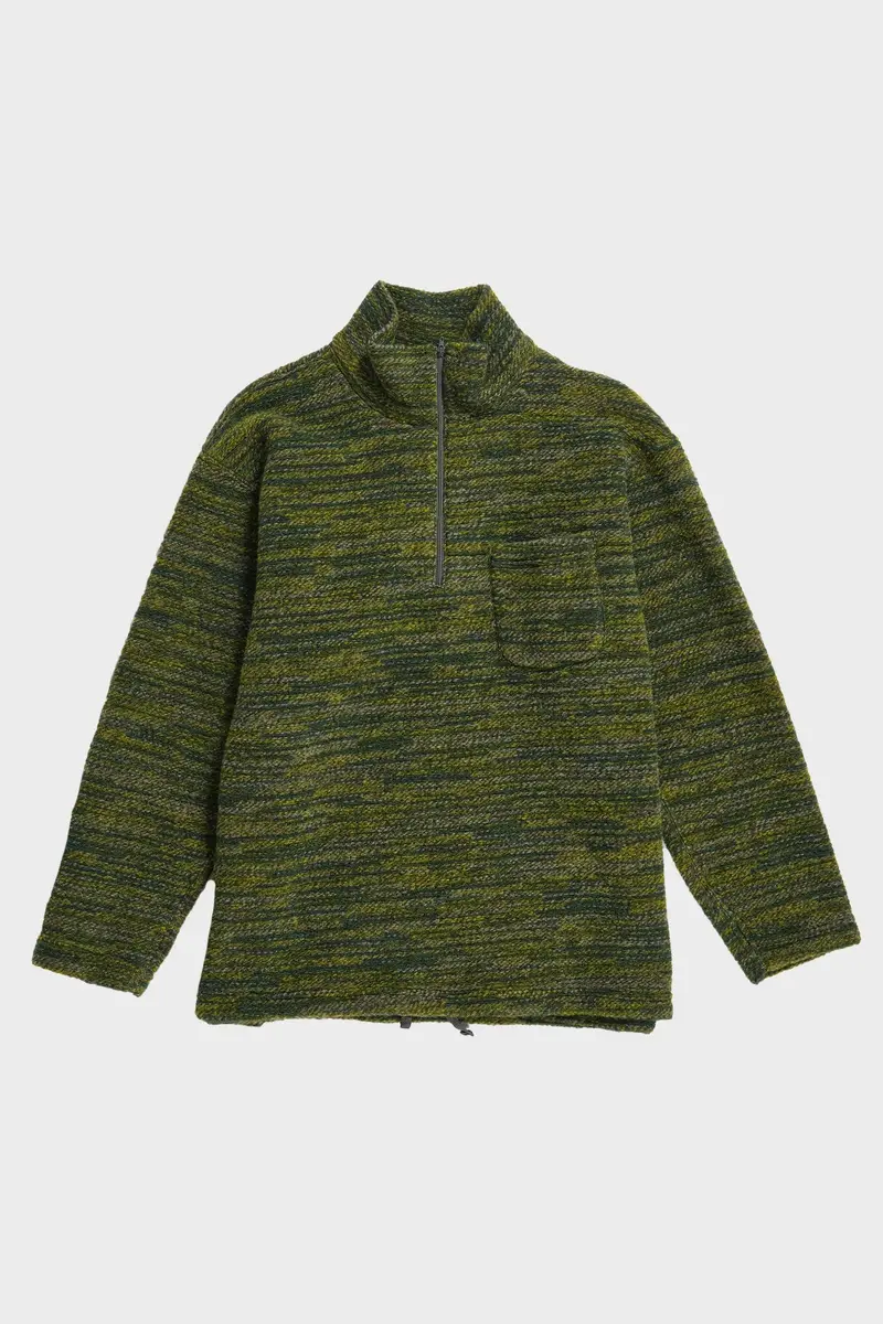Green Poly-Wool Melange Zip Mock Neck Sweater 1