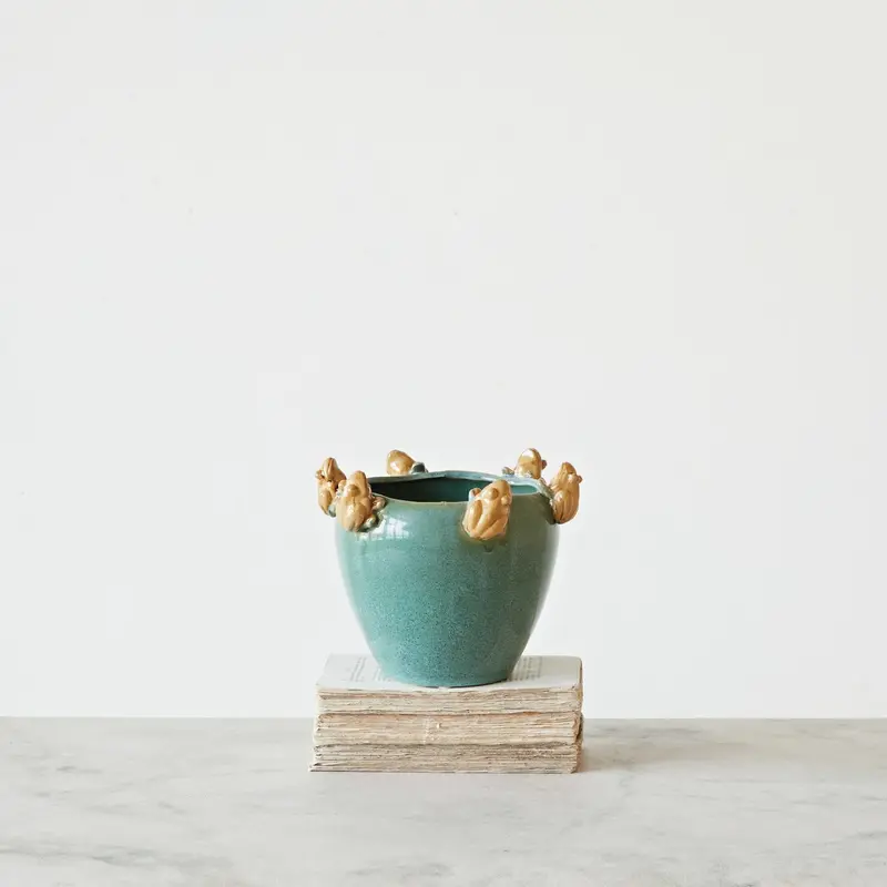 Green Reactive-Glaze Stoneware Planter With Frog Embellishments 1