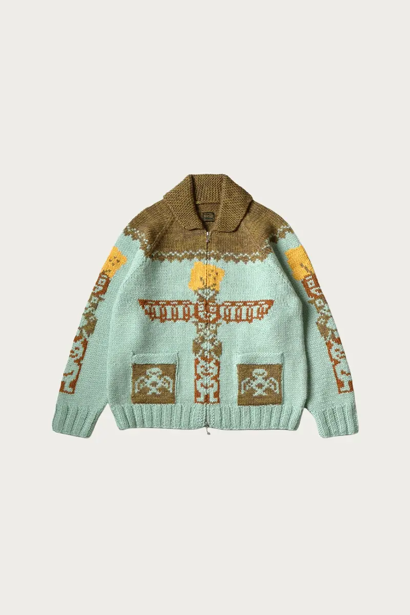 Hand-Knit Peckish Totem Pole Zip Cardigan In Sax 1