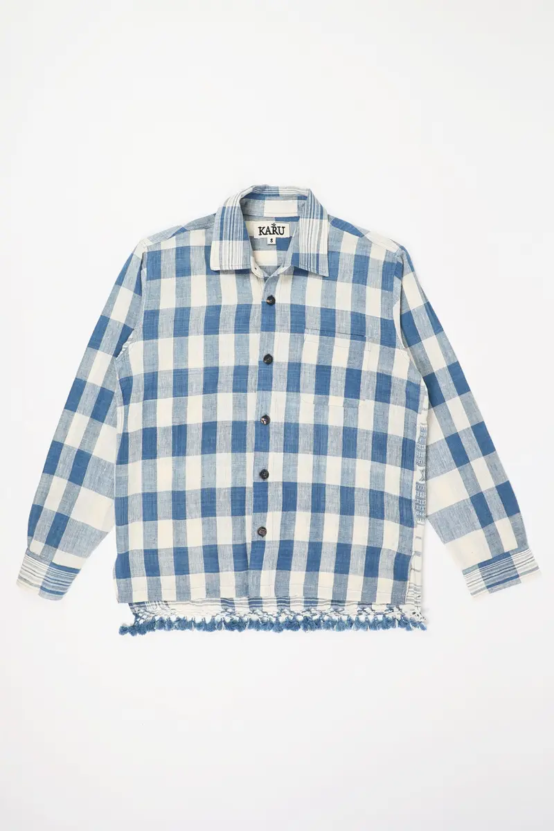 Indigo And Ecru Bhujodi Handwoven Shirt 1