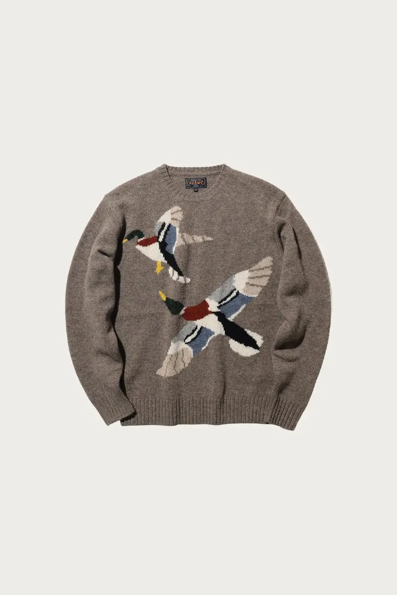 Intarsia-Knit Crewneck Sweater – Beige Duck Motif 1