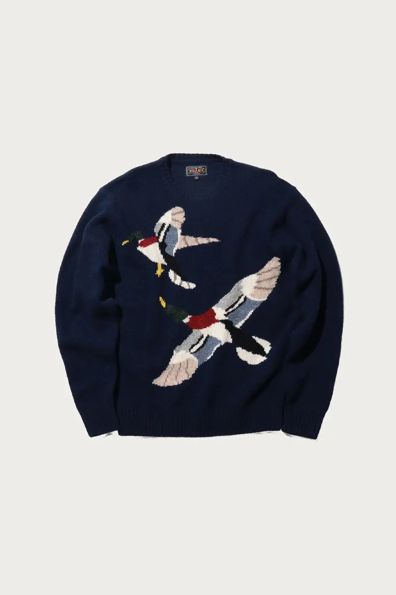 Intarsia-Knit Crewneck Sweater – Navy Duck Motif 1