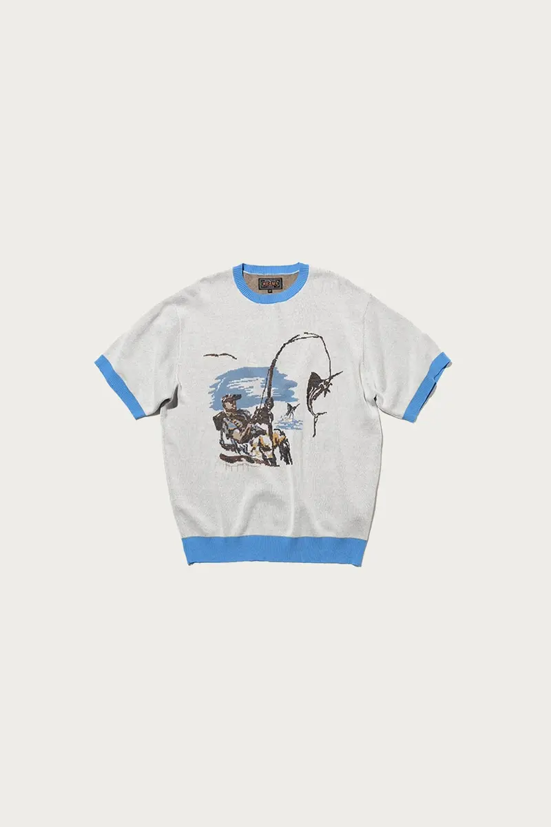 Jacquard-Knit Tee Featuring Fishing Motif 1