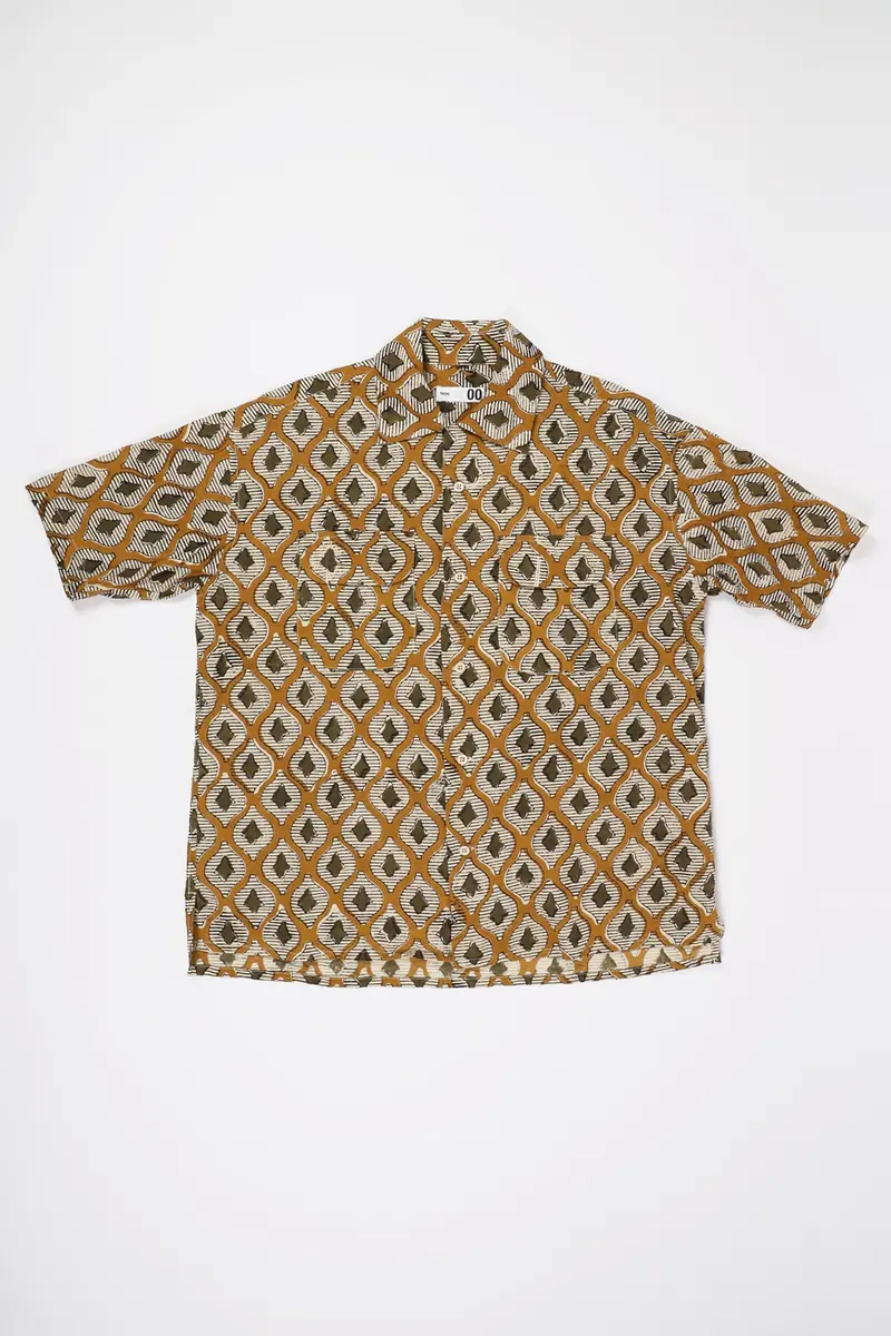 Khaki Ethnic Print Short Sleeve Shirt 1